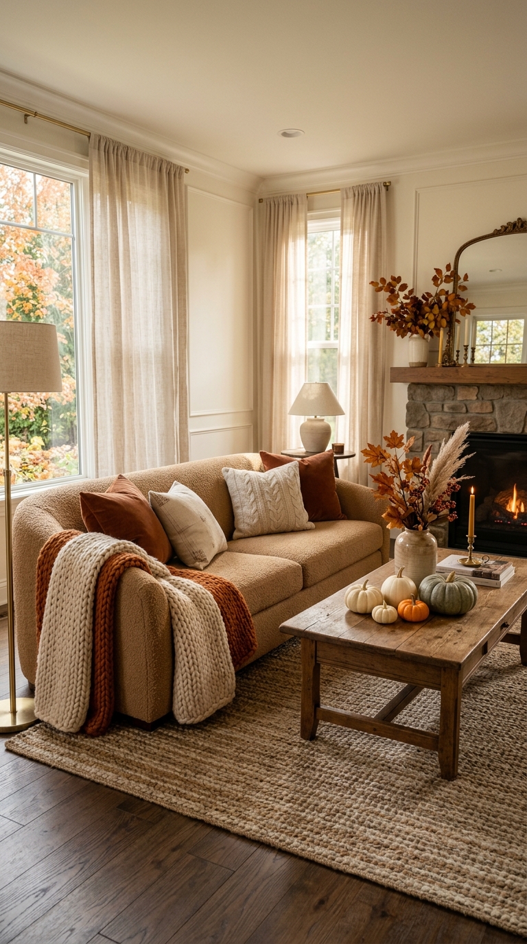 Cozy living room with fall decor, warm textures, and soft lighting