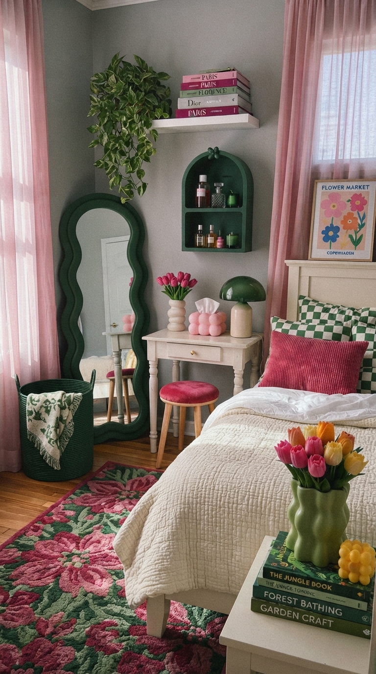 Raspberry and forest green bedroom with pastel accents and cozy decor