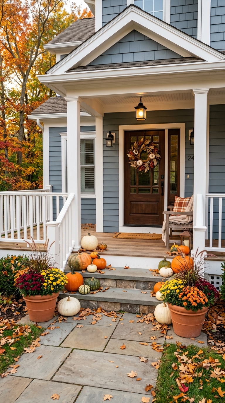A beautifully decorated front porch for fall with pumpkins, mums, and warm blankets on a rocking chair, exuding cozy autumn vibes.