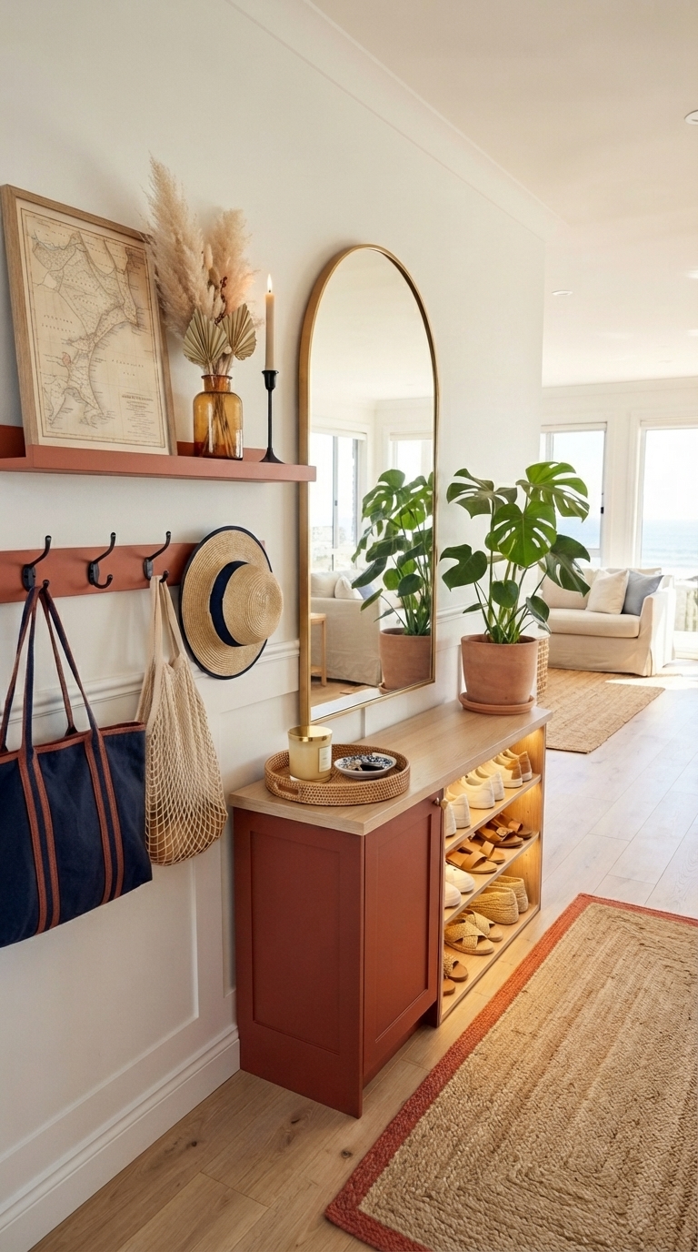 A stylish entryway foyer with terracotta pottery, black accents, natural textures, and warm lighting, creating a coastal earthy feel.