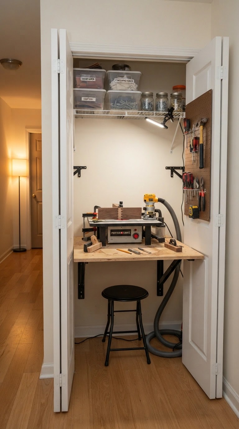 Closet converted into a woodworking station with a fold-down bench, featuring pegboard wall, task lighting, and organized tool storage