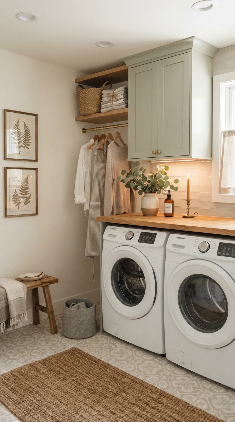 Small laundry room decor inspiration featuring a compact layout with white cabinetry, pastel accents, and functional storage solutions.