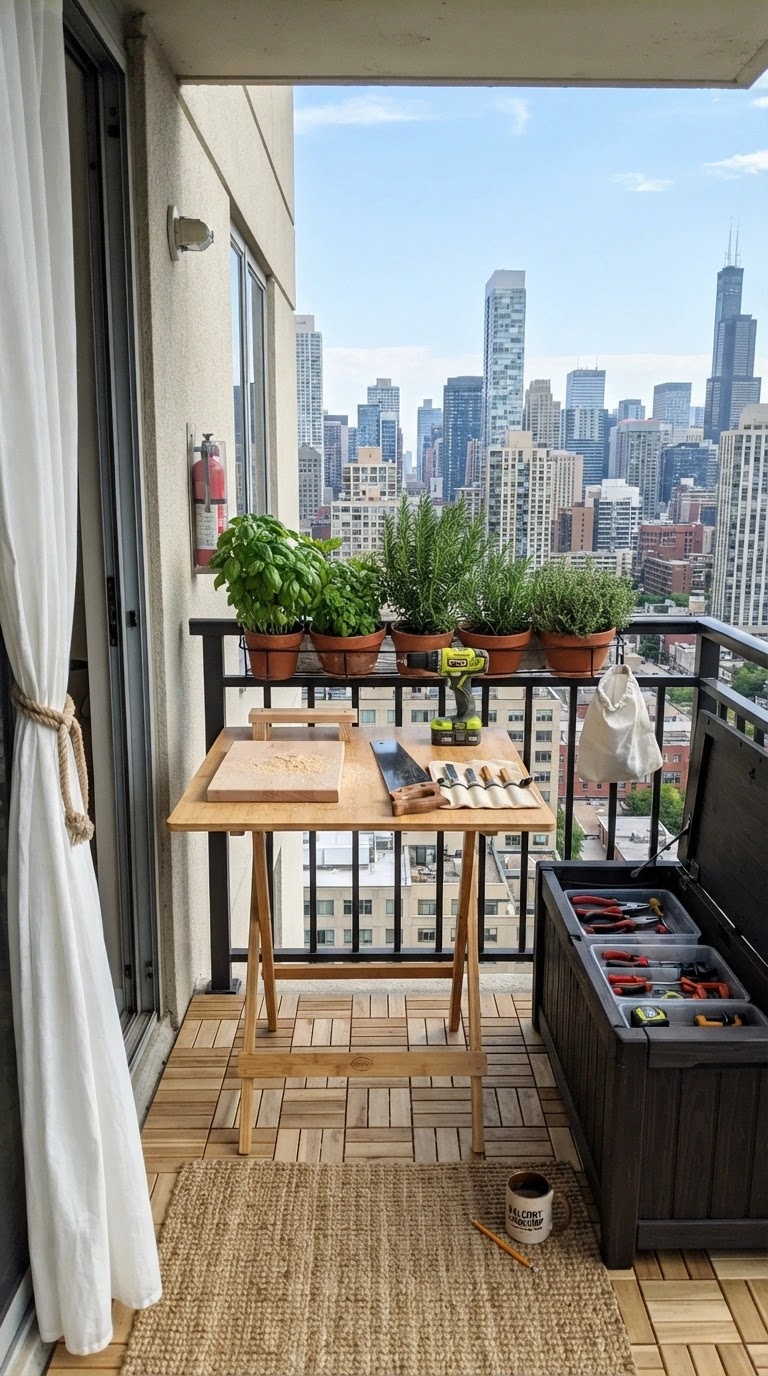 A small balcony woodworking setup with foldable workbench, organized tools, and compact storage