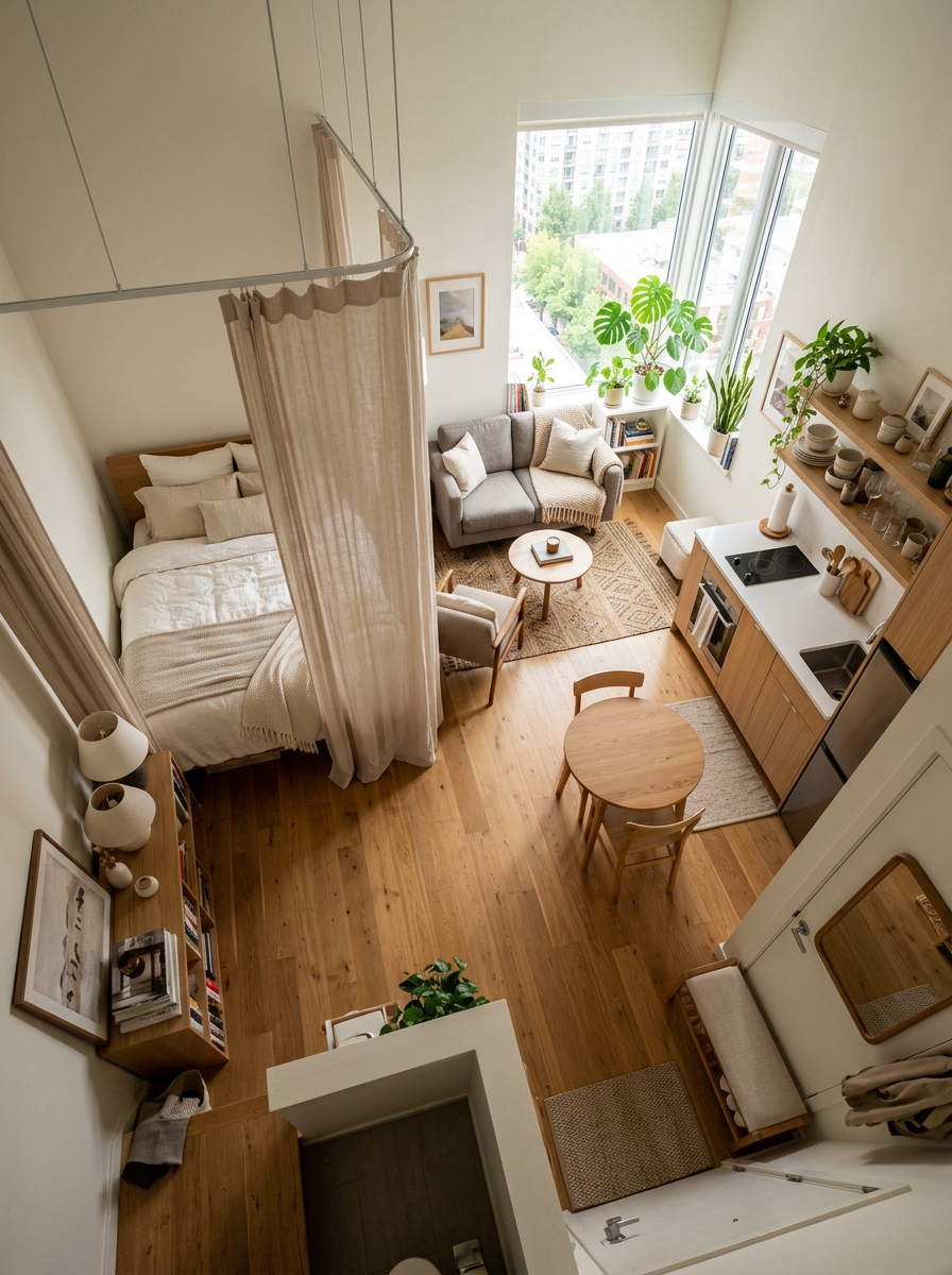 A modern studio apartment with distinct zoned layout featuring a cozy sleeping area, compact kitchen, and living space with furniture arrangements defining each zone.
