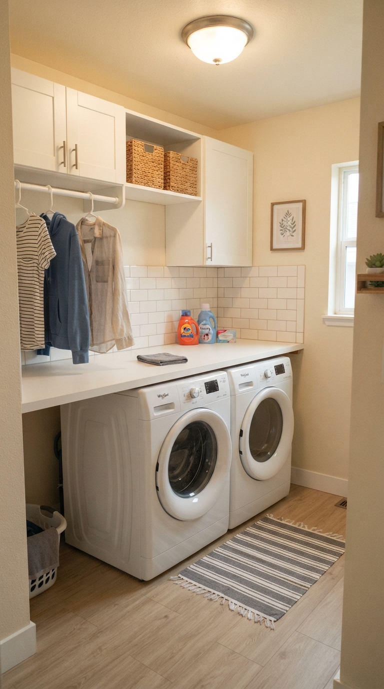 A beautifully organized small laundry room with budget-friendly storage and decor.