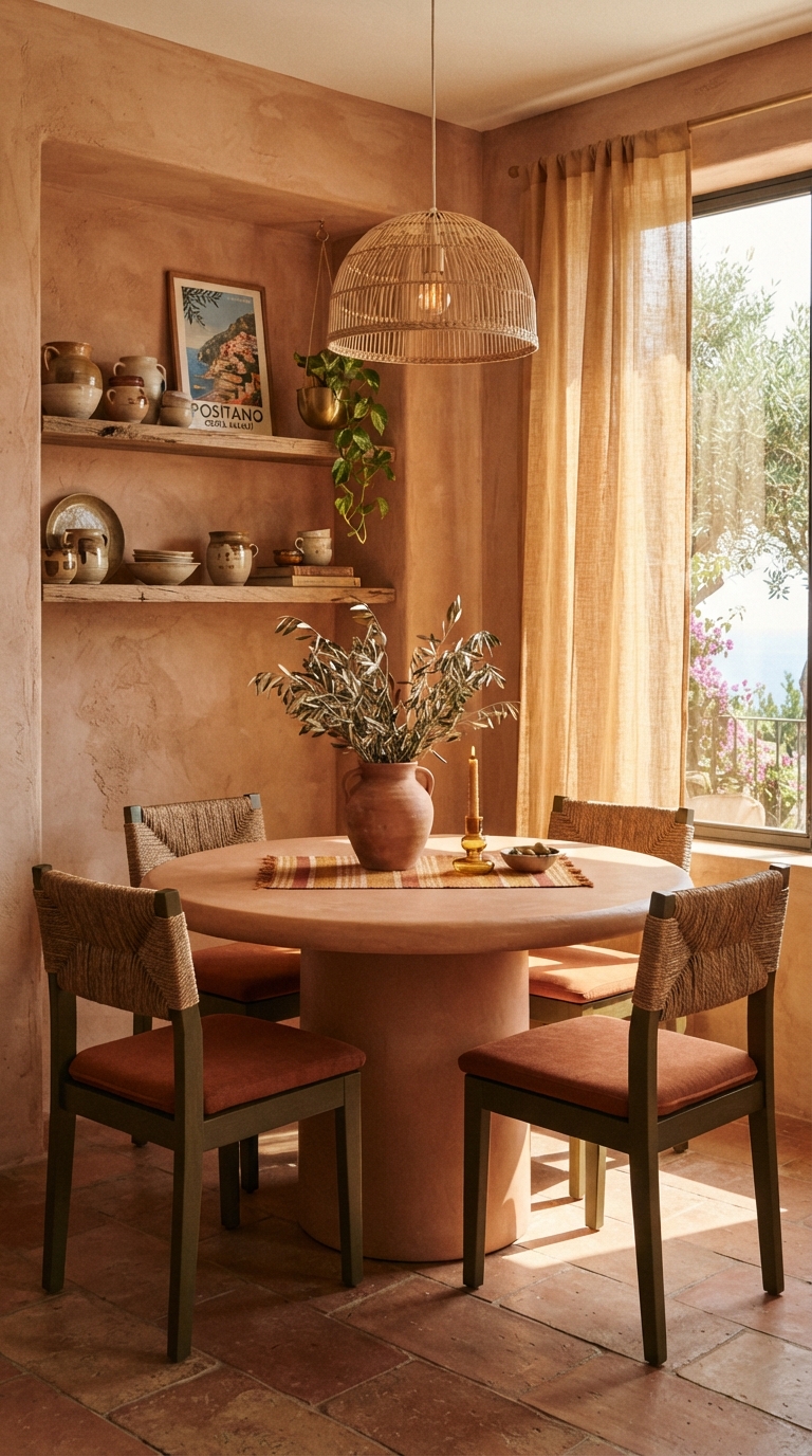 A moody dining nook with jewel-toned botanical decor, featuring deep green walls, velvet seating, and lush plants.