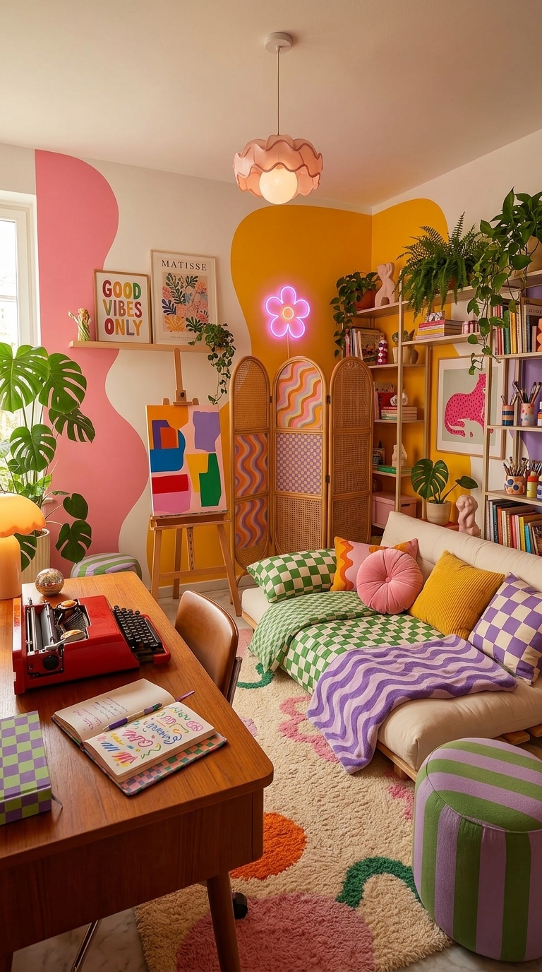 Colorful apartment craft room with organized supplies on shelves, vibrant wall art, and a sunny workspace