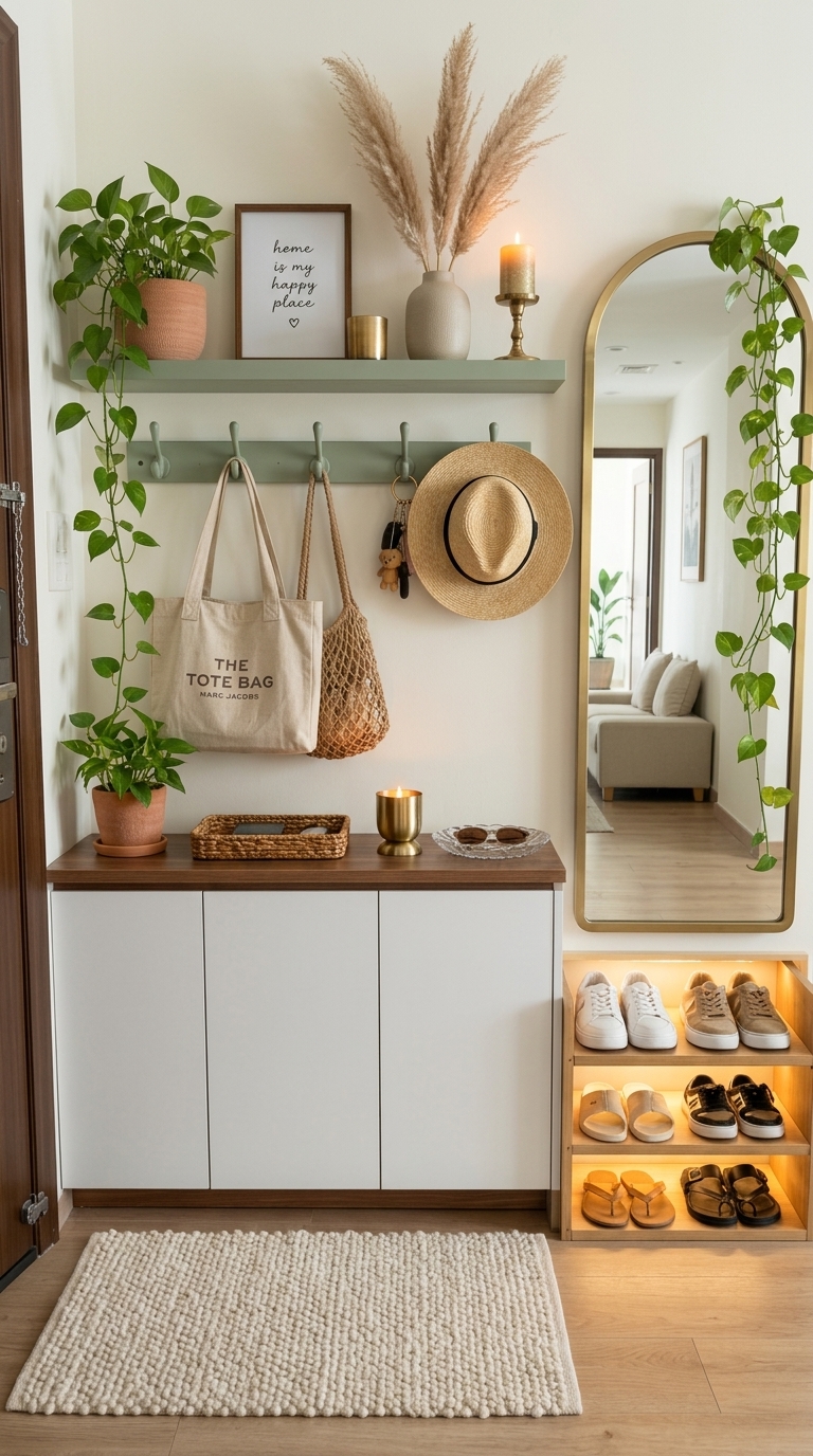 A serene Scandinavian entryway featuring a light wood console table, a sage green wall shelf above it, and a tall vase of dried pampas grass on the table. Soft neutral tones, a woven basket, and a minimalist mirror complete the calm, inviting space.