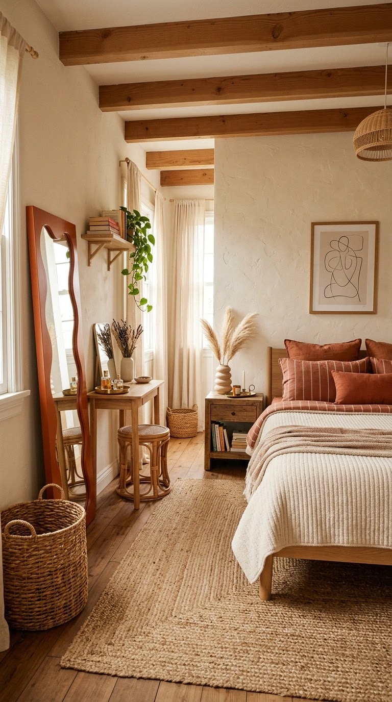 Serene boho bedroom corner with terracotta accents, macrame wall hanging, and a comfortable reading chair
