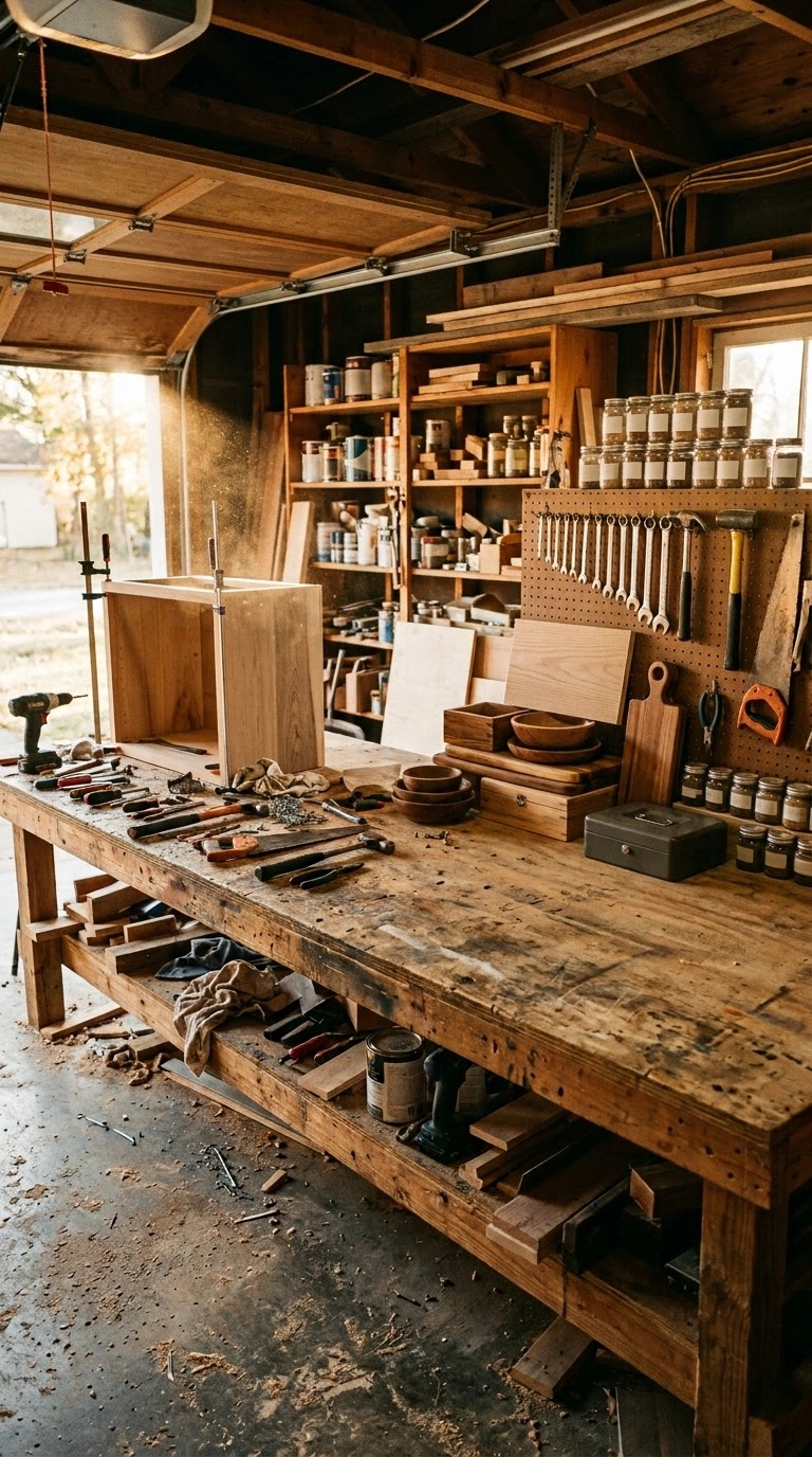 Woodworking tools and finished projects on a workshop table