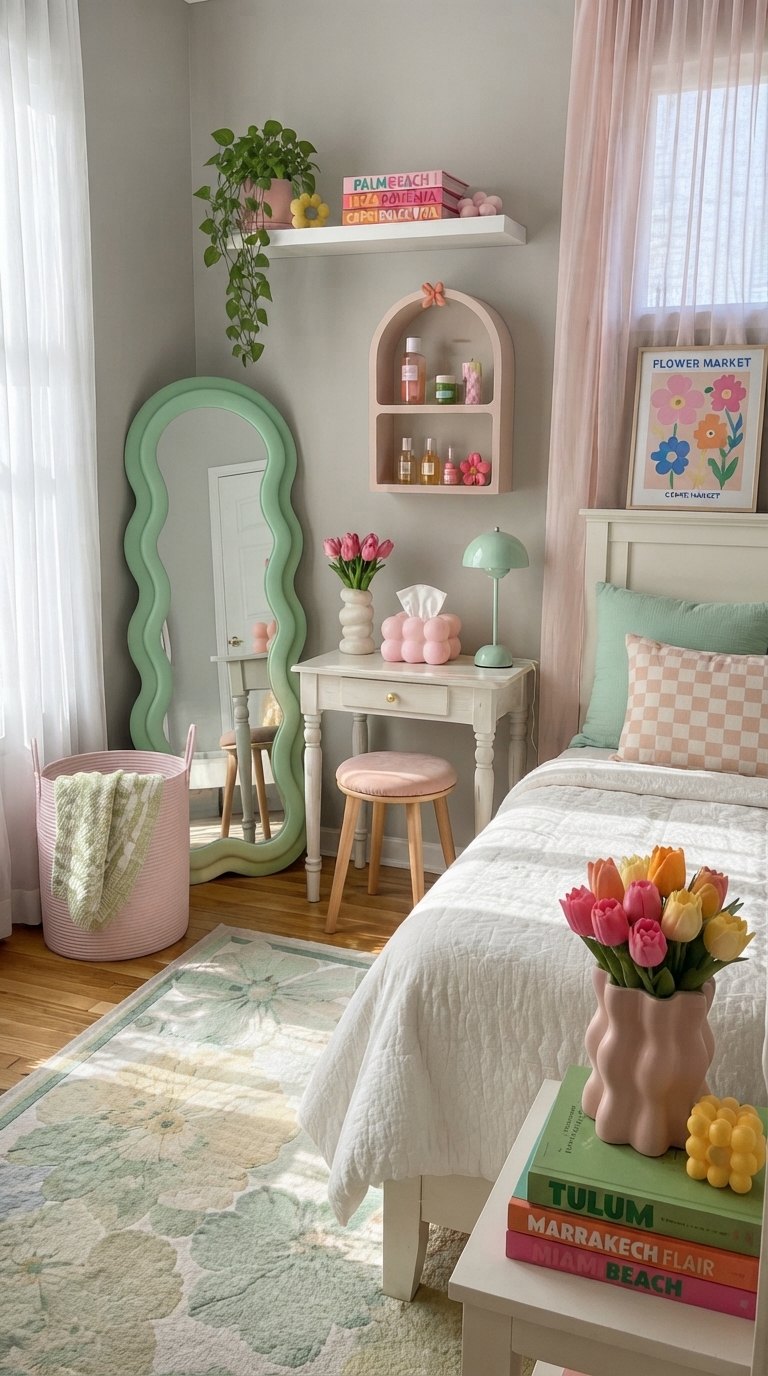 Mint and blush bedroom decor with soft pastel colors, plush bedding, and elegant accents