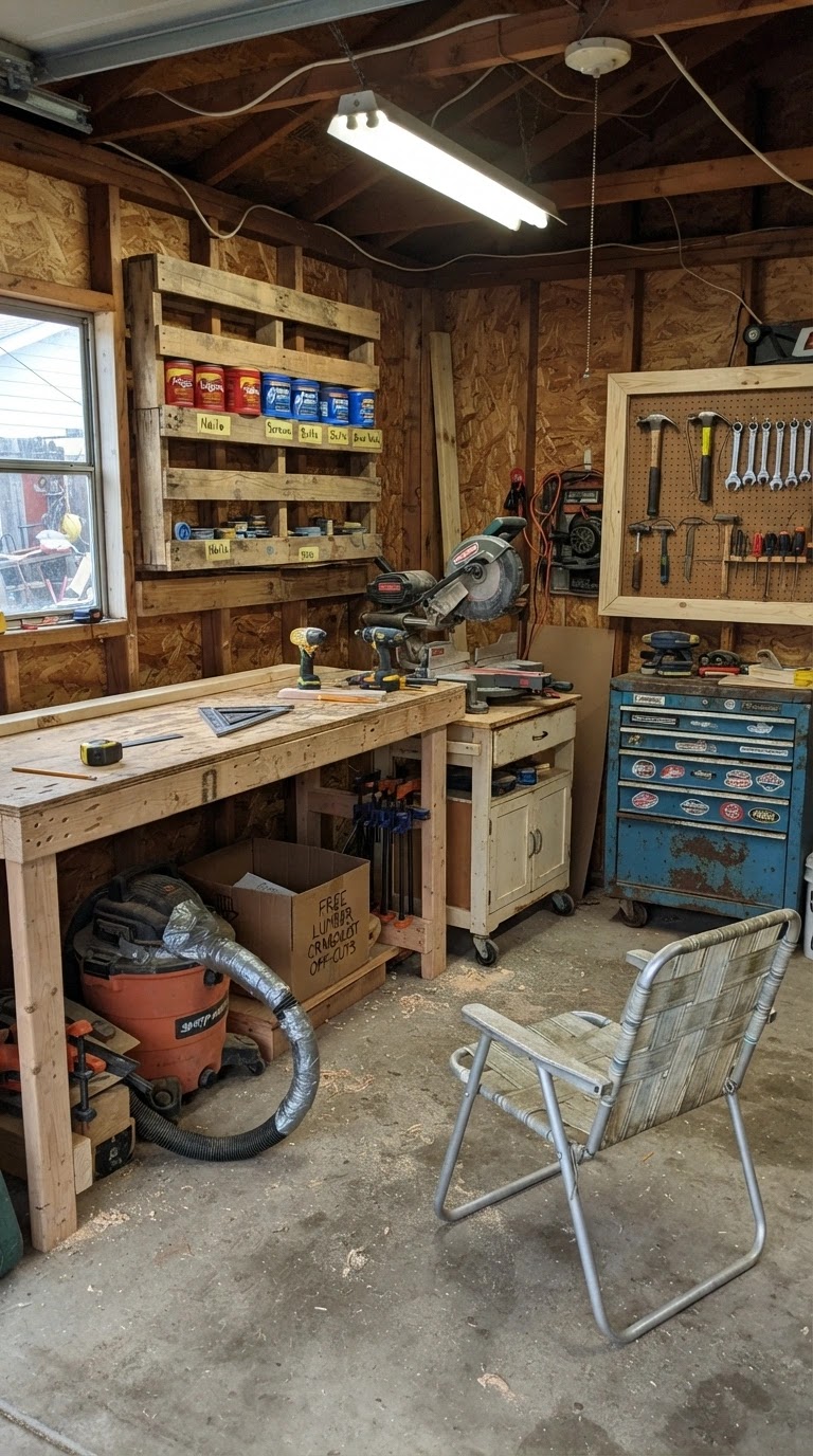 A budget-friendly complete woodworking shop setup with essential tools and workbench for under $500