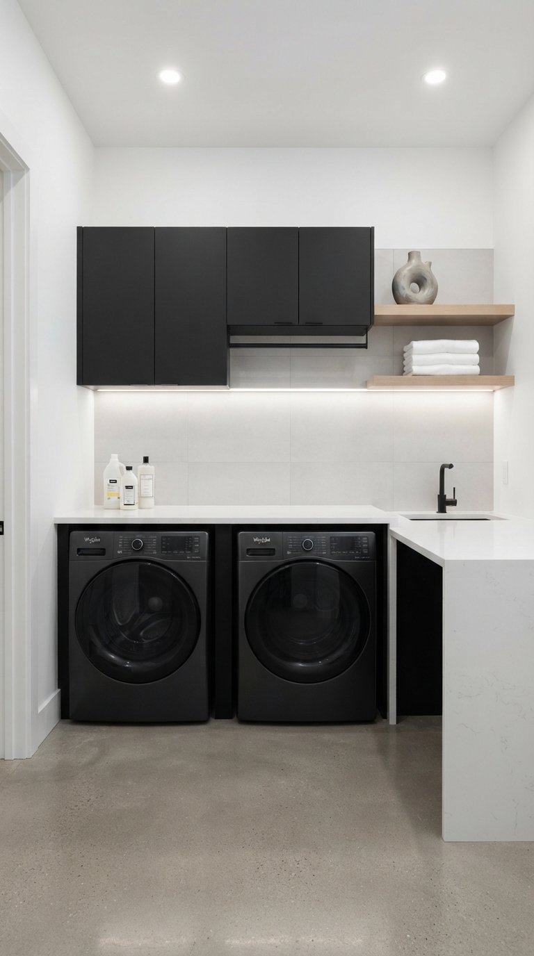 A modern small laundry room with sleek cabinets, a stacked washer dryer, and organized shelving.