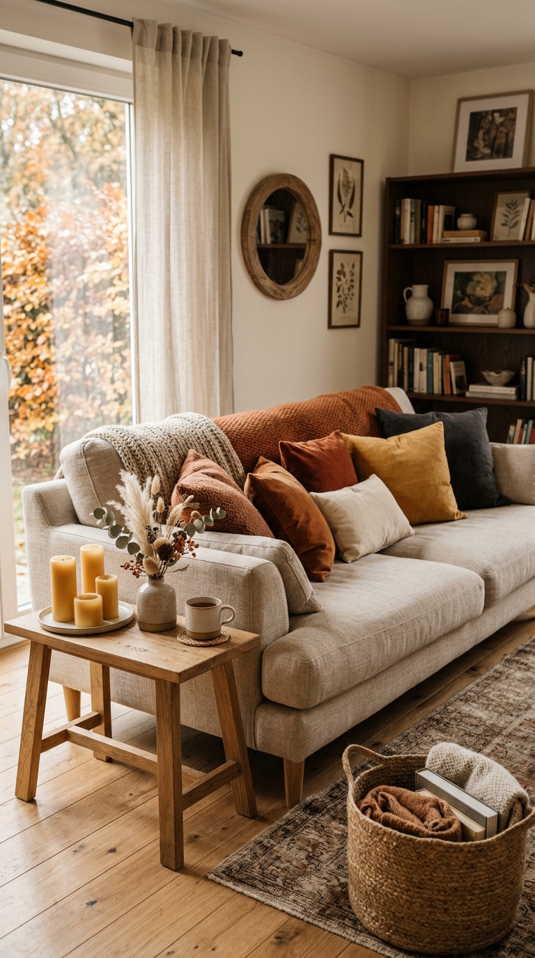 A cozy living room with autumn decorations including warm throws, pumpkins, and candles