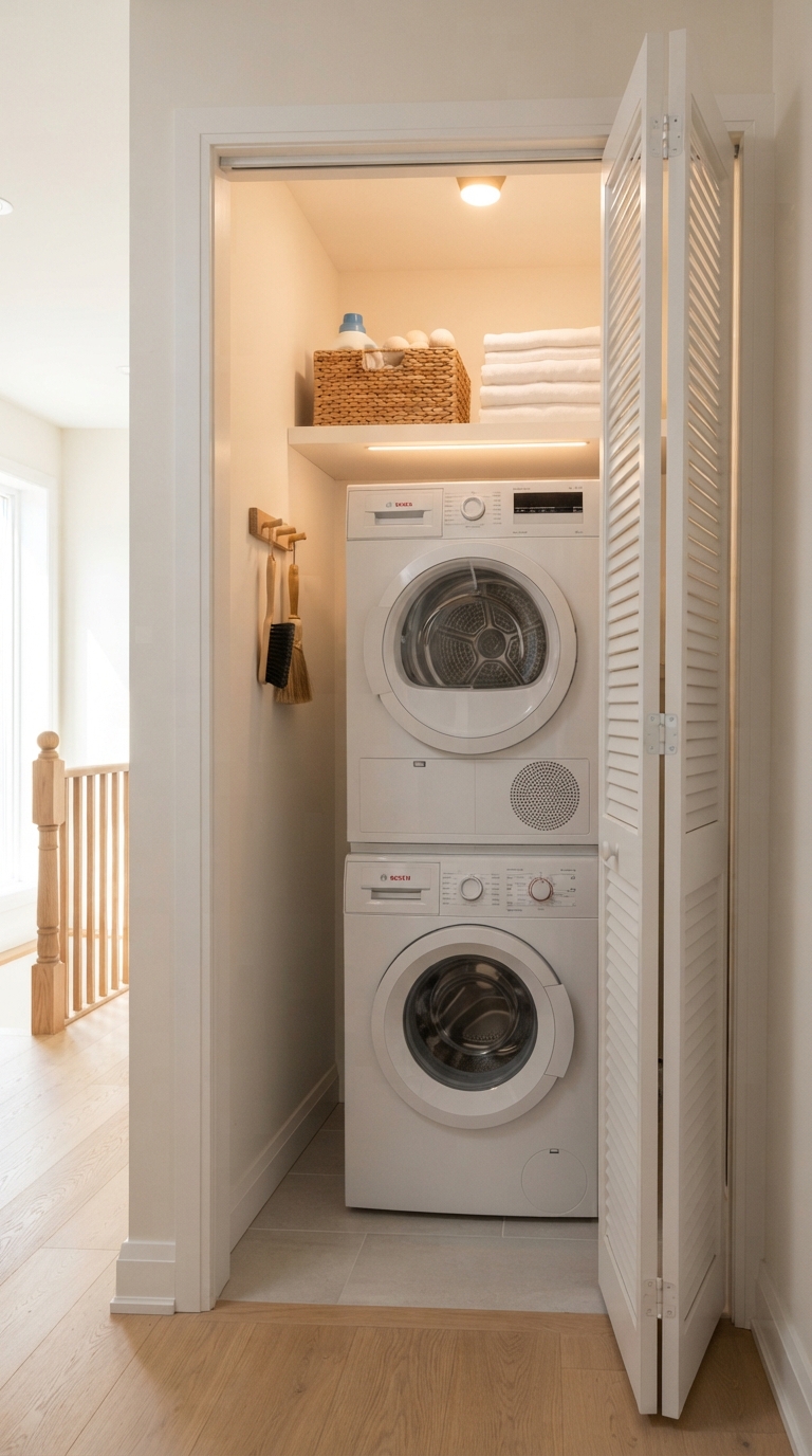 Small laundry closet design with space-saving shelving and compact washer-dryer setup