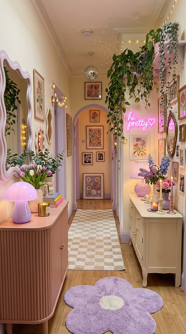 Coquette-style bedroom with pink bedding, ruffled pillows, lace curtains, and vintage floral decor