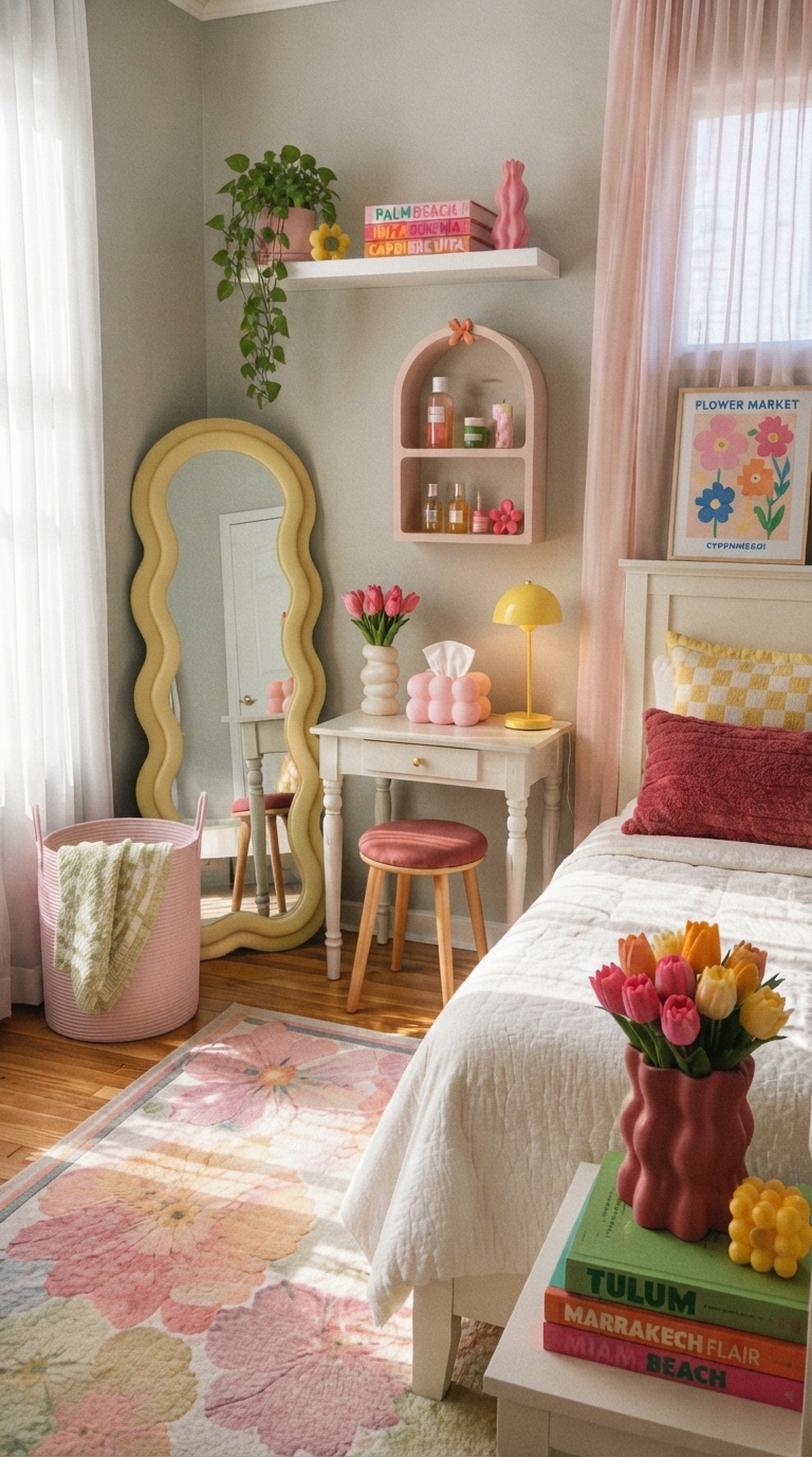 A serene bedroom featuring dusty rose bedding and sage green accent wall with elegant muted tones