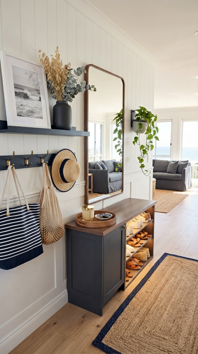 Charcoal and wood coastal entryway with modern refined beach house foyer design, featuring a console table, natural textures, and soft lighting.