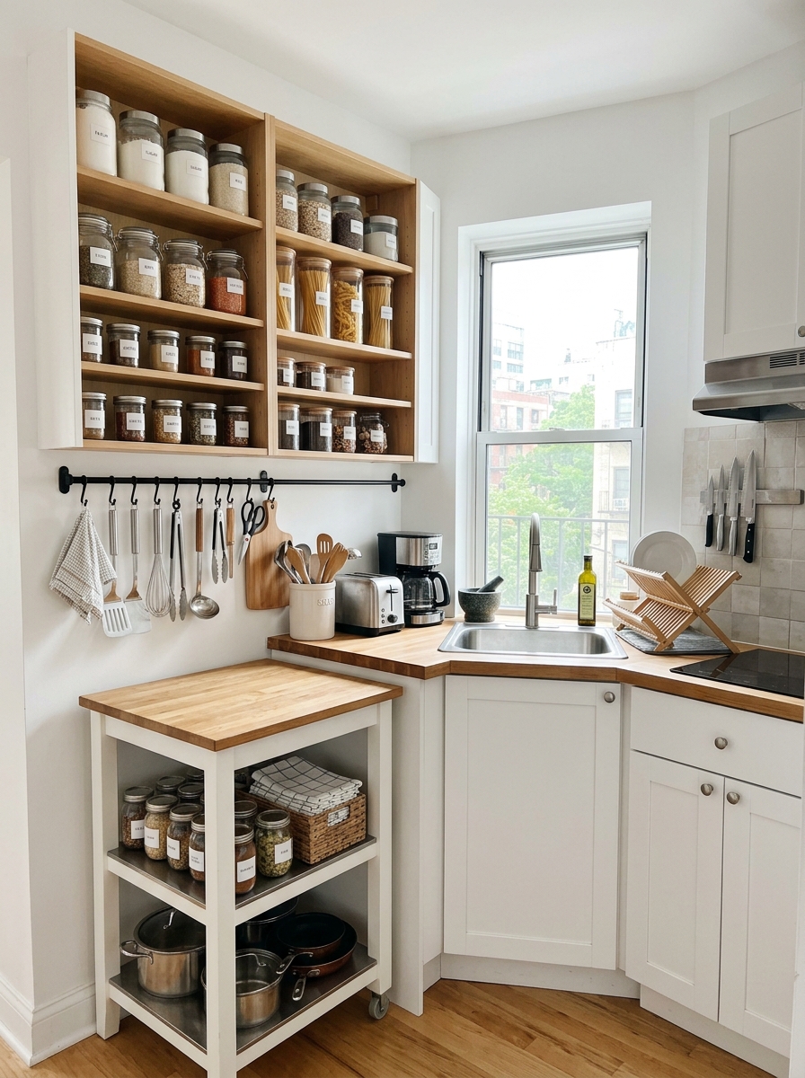 Organized kitchen shelves in a small apartment with jars, plants, and cookbooks