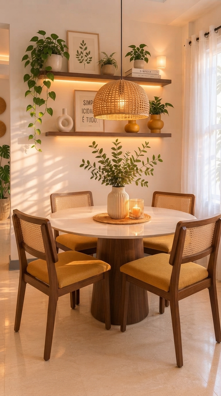 A cozy dining nook featuring mustard yellow cushions and walnut wood table, with boho decor elements like macrame and plants