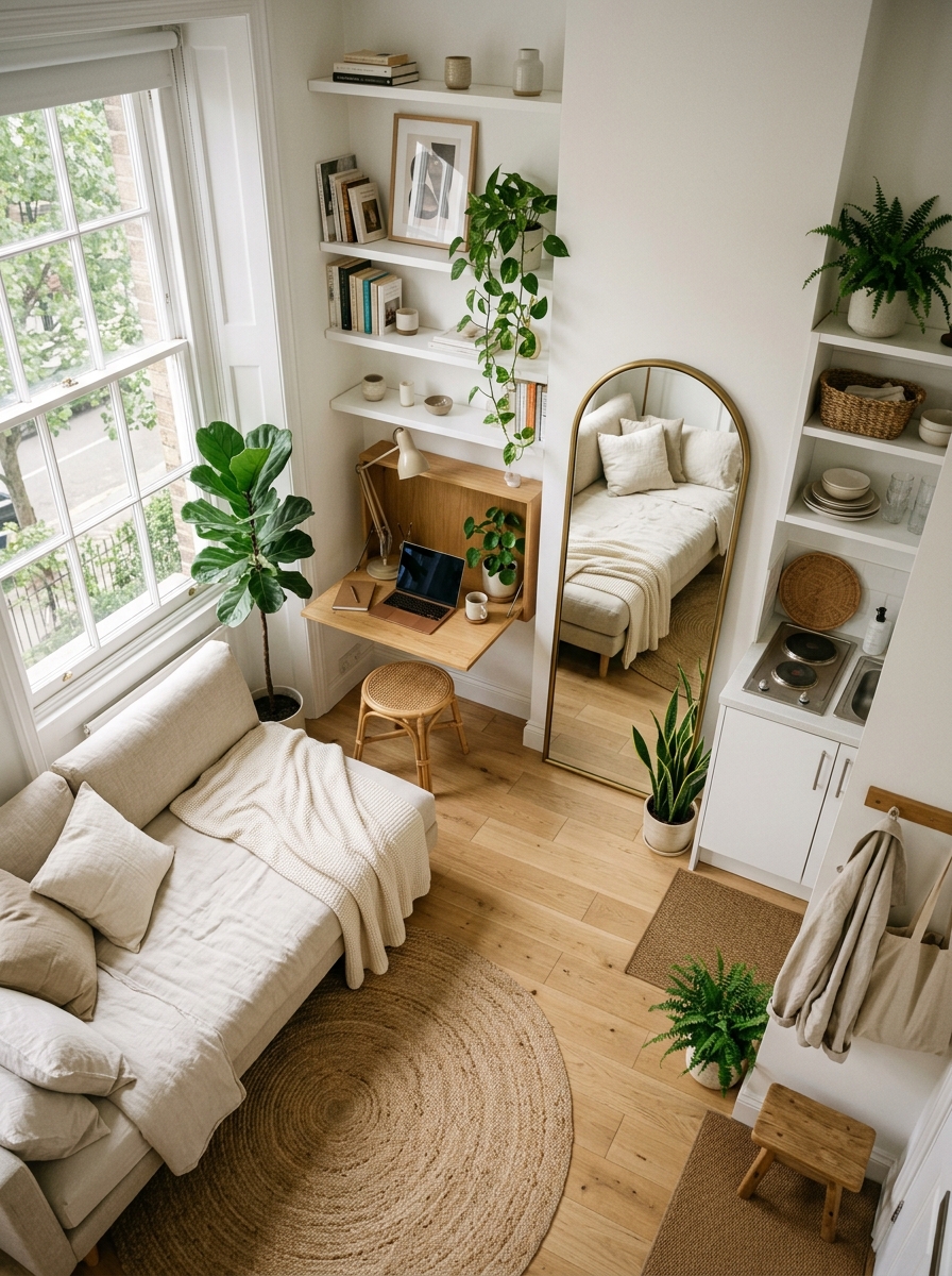Cozy small apartment living room with minimalist furniture and smart storage solutions