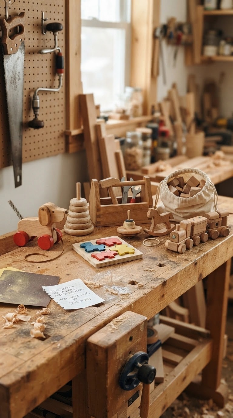 A collection of handcrafted wooden toys including cars, blocks, and puzzles, arranged on a rustic wooden table with basic tools like a saw and sandpaper nearby.