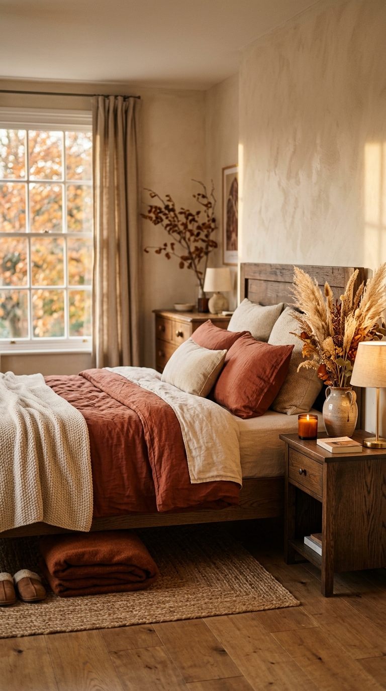 Cozy fall bedroom with layered bedding in neutral tones, featuring a chunky knit throw, linen duvet, and decorative pillows