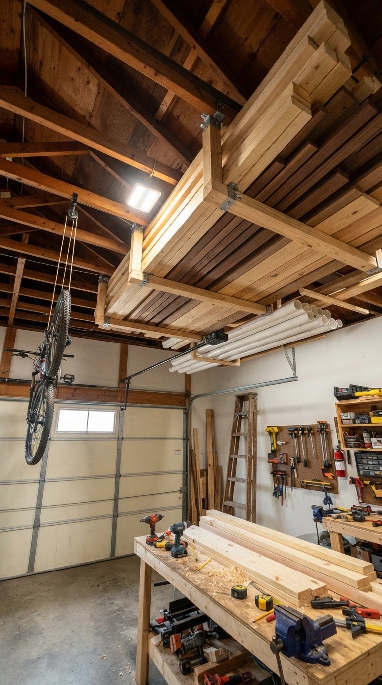 Overhead garage storage racks holding lumber and long materials neatly suspended from ceiling
