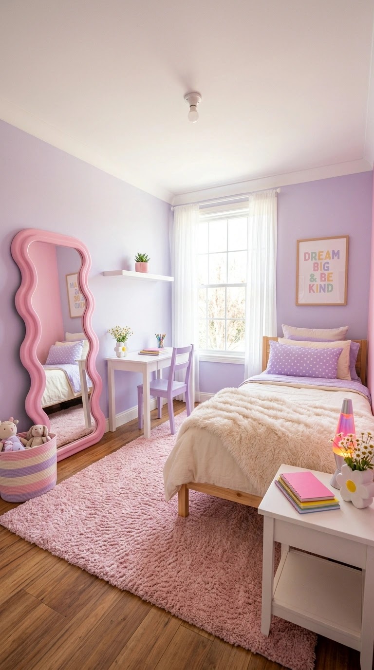 Pink teen bedroom makeover with budget shopping list featuring blush walls, white bed frame, and decorative pillows