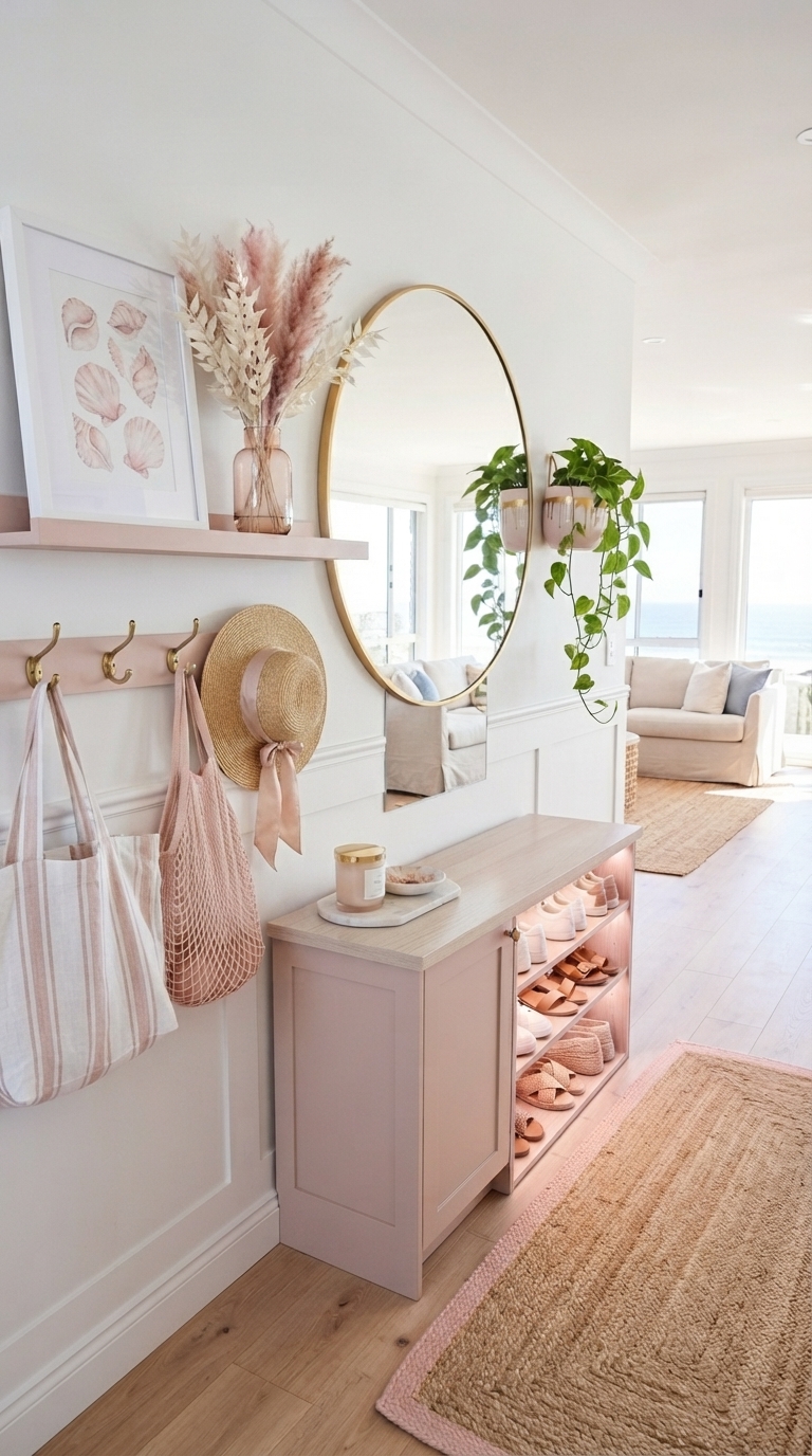 Blush pink and gold coastal entryway with soft glamour and beach house serenity decor