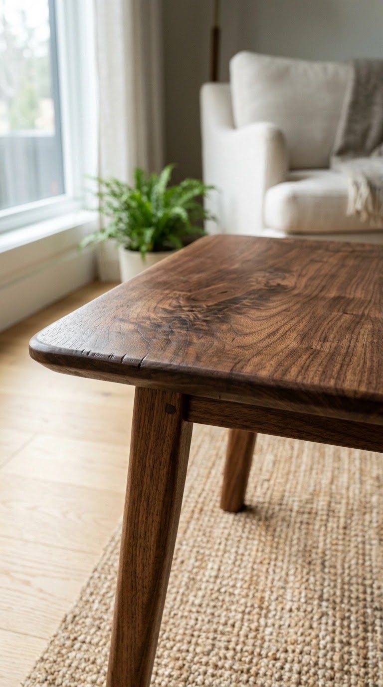 Artisan hands sanding the edge of a solid live-edge oak table in a woodworking studio