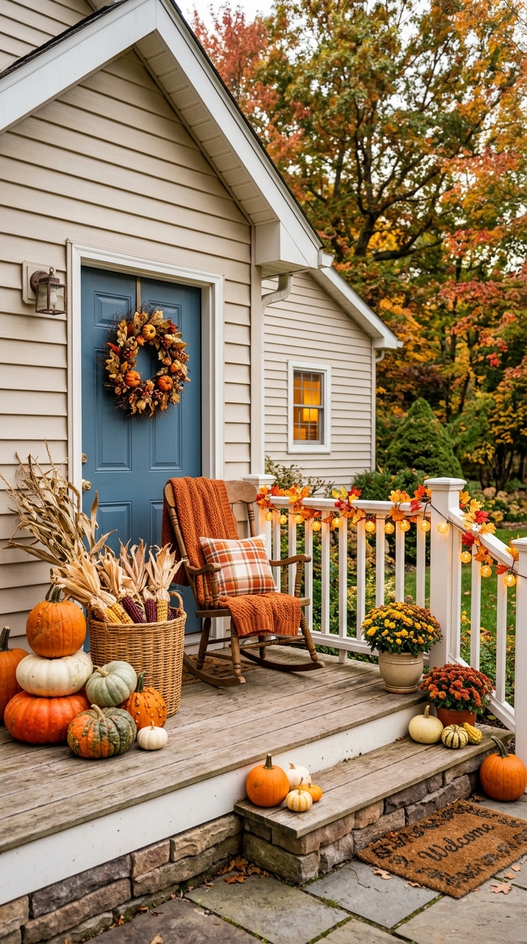 Small porch decorated for fall with pumpkins, warm blankets, and autumn leaves
