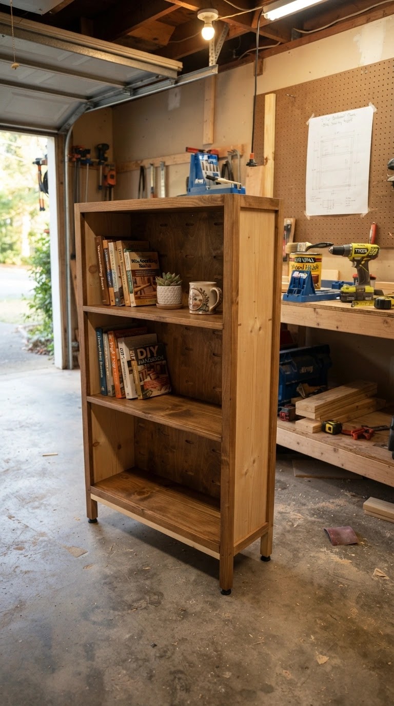 A minimalist white wooden bookshelf with three shelves, holding a few books and a small potted plant, showcasing simple DIY design for beginners.