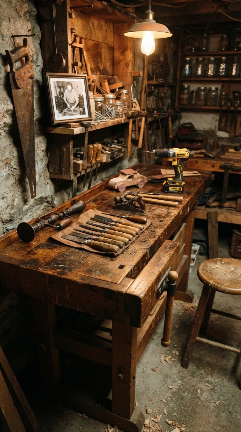 A well-organized workshop space featuring a collection of hand-me-down tools on pegboards and workbench