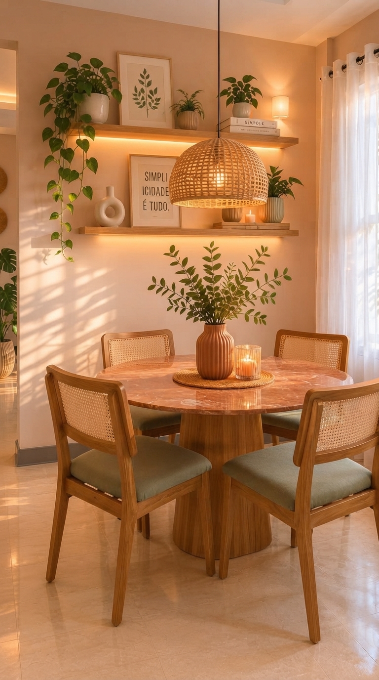 A cozy boho dining nook featuring sage green walls, terracotta accents, and natural textures like rattan chairs and a wooden table.