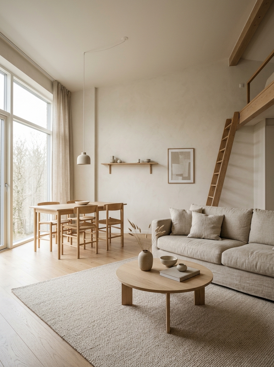 Minimalist apartment interior with clean lines, neutral colors, and natural light