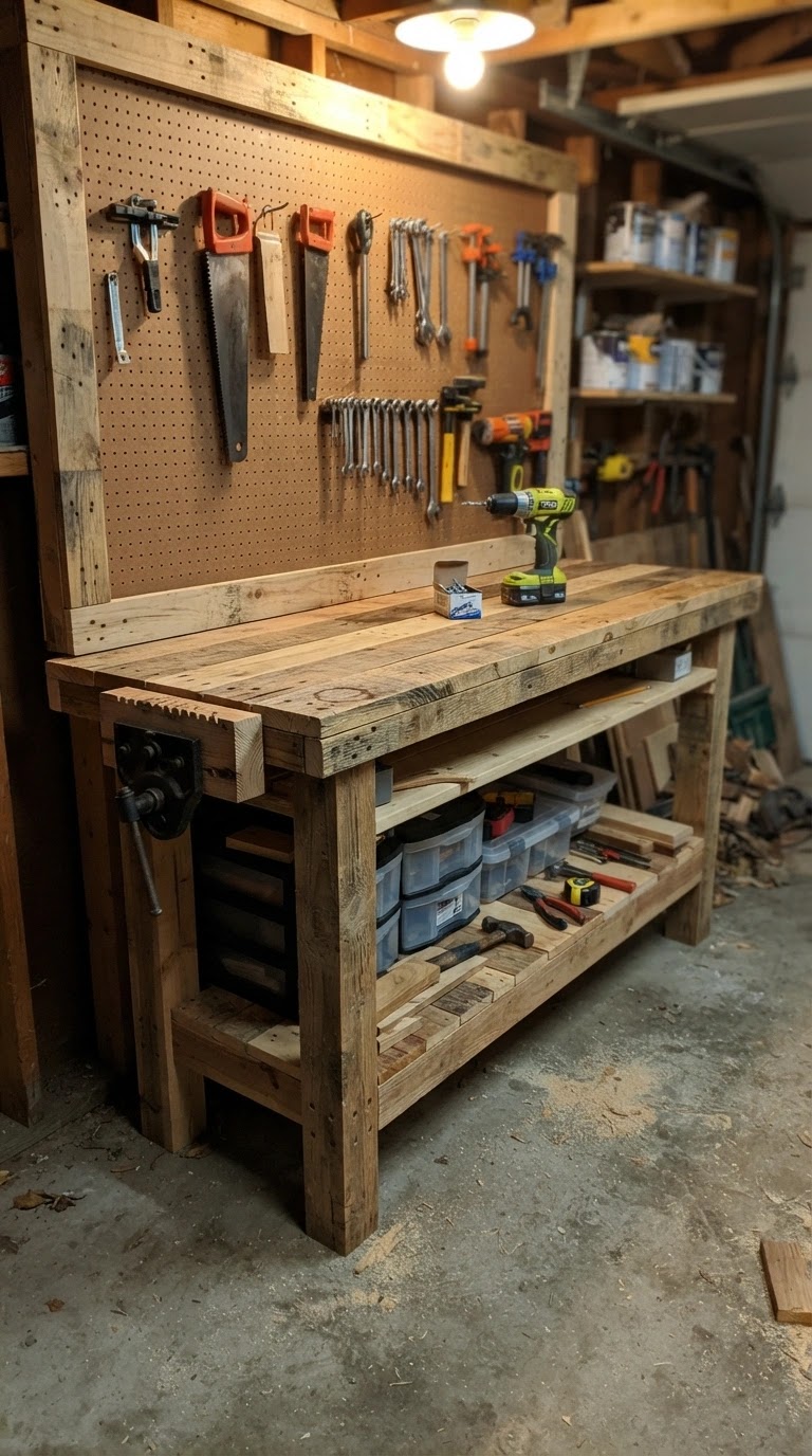 Step-by-step tutorial for building a rustic workbench from pallets and scrap wood in a home garage