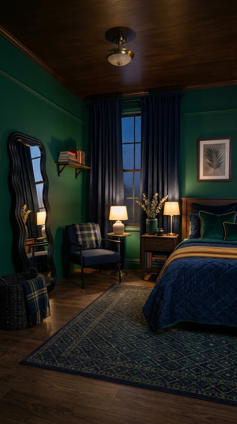 Emerald green bedroom reading nook with velvet armchair, brass floor lamp, marble side table, faux fur rug, and gold-framed art creating a luxurious feel