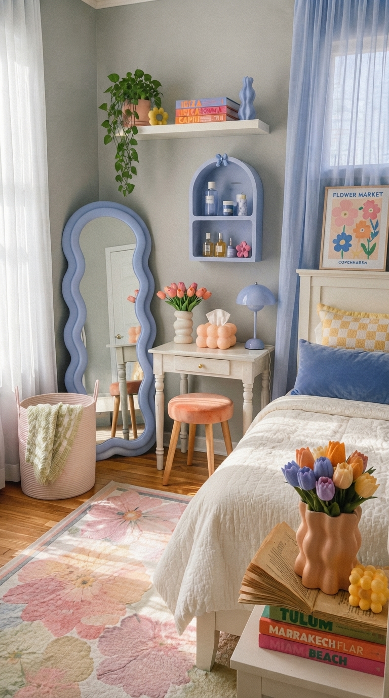 A whimsical pastel bedroom with periwinkle blue walls, peach bedding, and soft decor accents