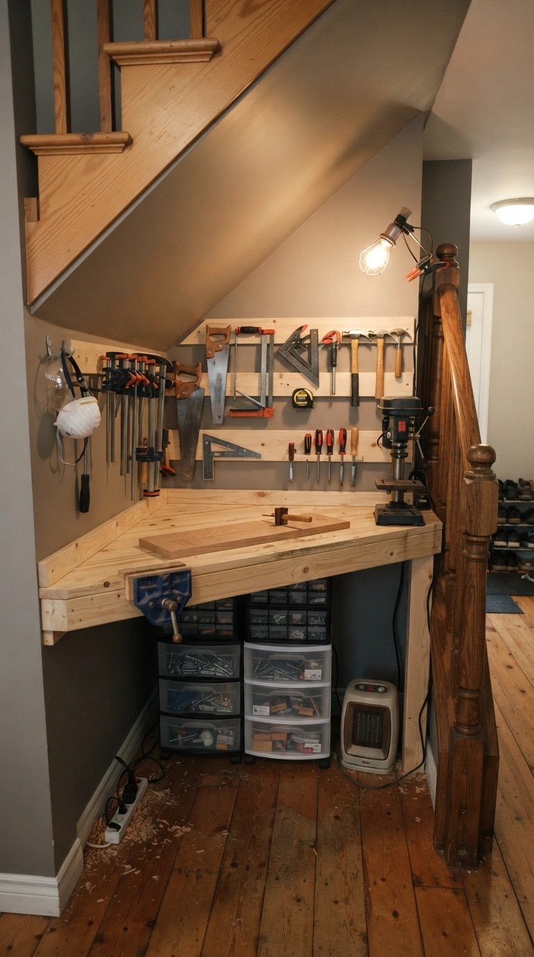 Under stairs workshop nook with smart tool storage featuring wall-mounted pegboards, pull-out drawers, and a compact workbench maximizing dead space.