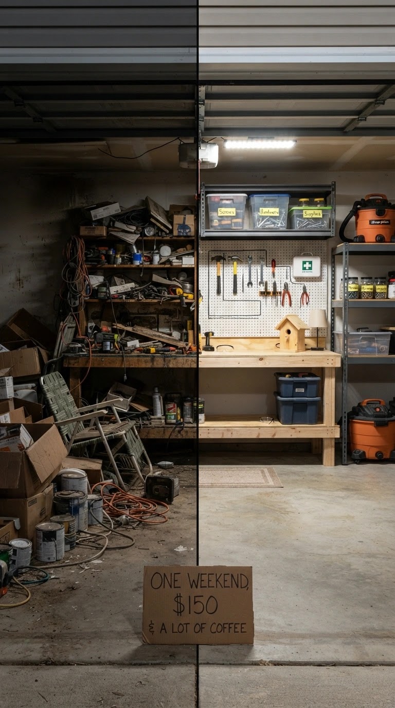 A before-and-after garage makeover showing a cluttered garage transformed into an organized, budget-friendly workshop space with shelving, pegboard, and repurposed furniture.