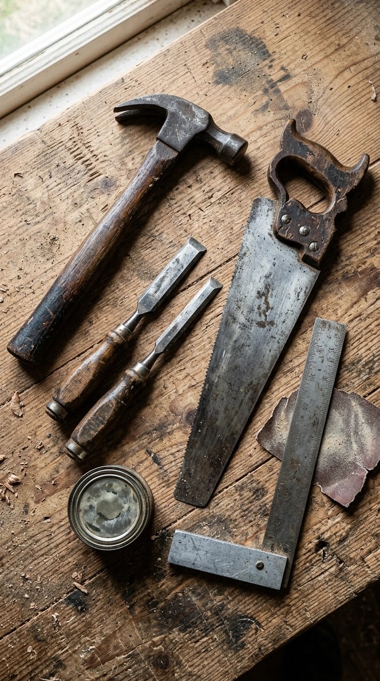 Essential woodworking tools for beginners arranged on a workbench