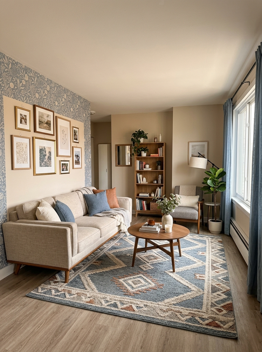 A cozy rented apartment living space with soft lighting, a neutral sofa, and minimal decor accessories