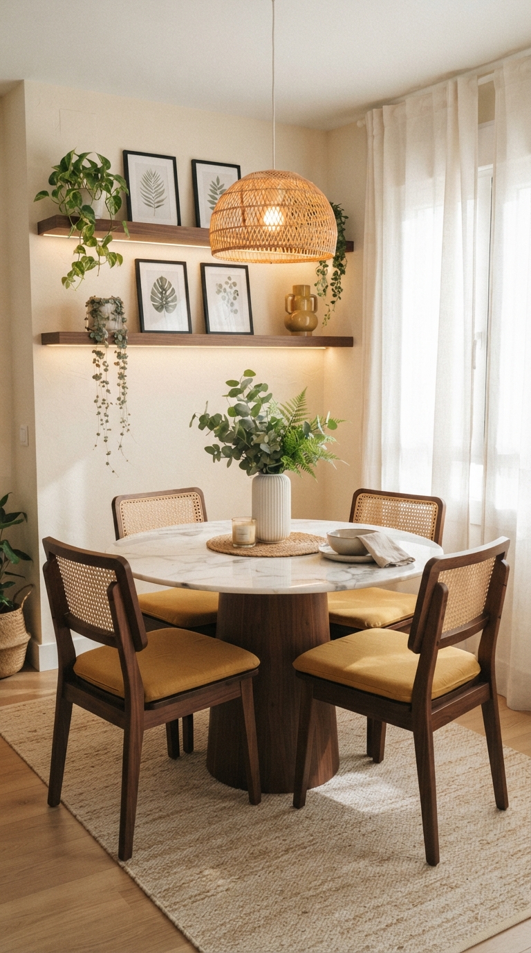 Emerald green dining nook with brass accents and boho decor