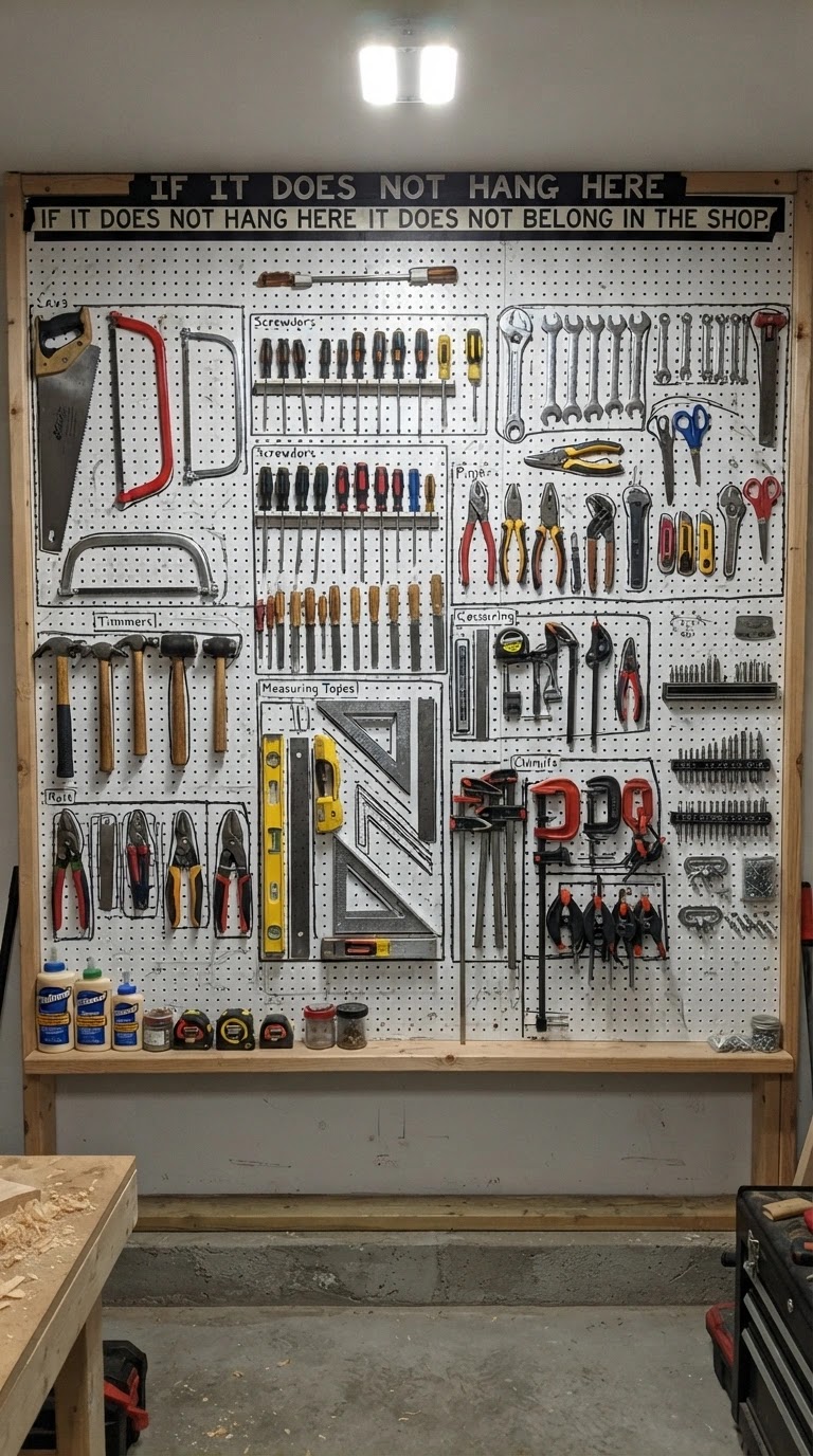 Pegboard wall holding every hand tool you own with neat organization and labeled hooks
