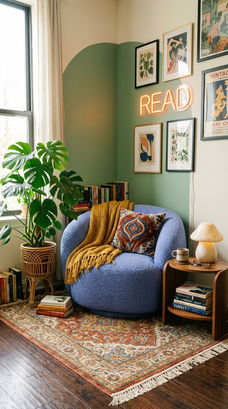Eclectic apartment reading corner with colorful pillows, fairy lights, and a cozy armchair