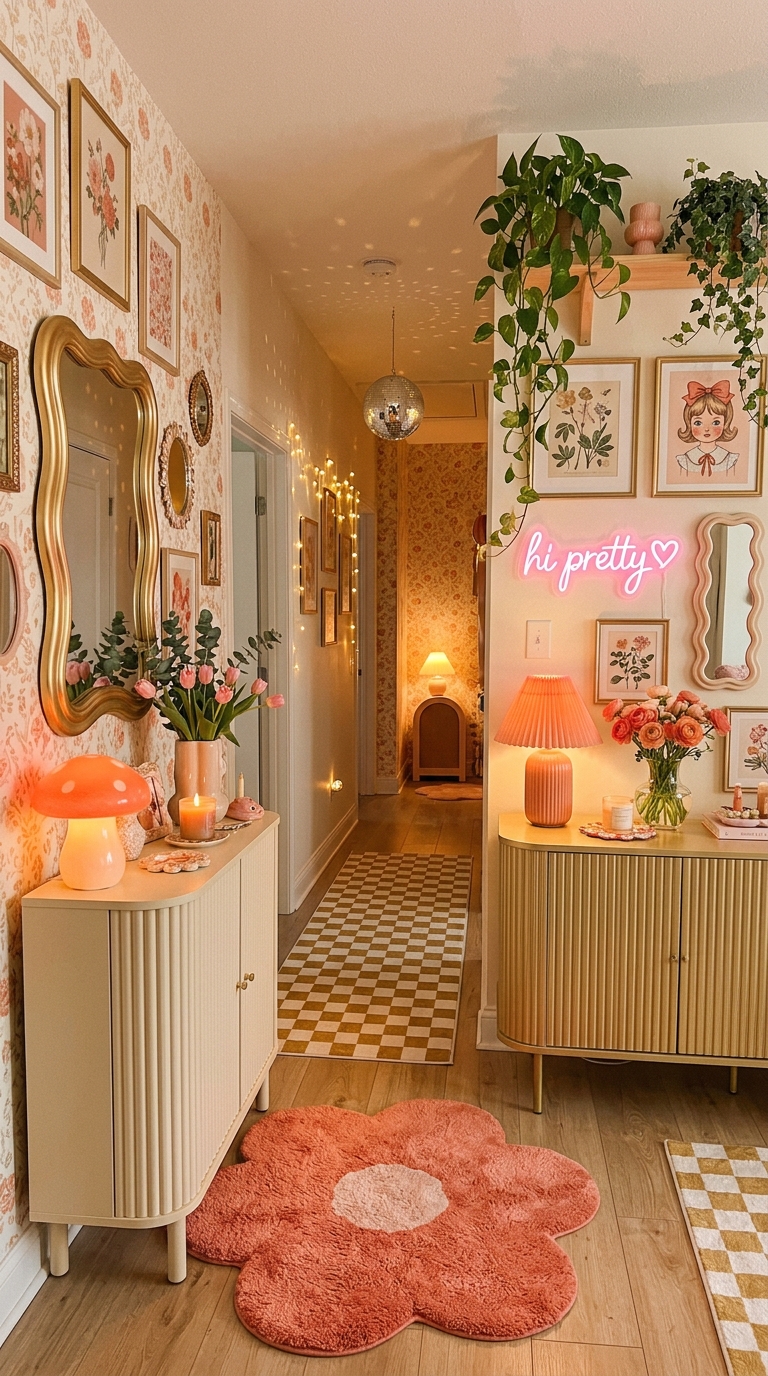 Wavy mirror and retro decor in a stylish interior setting