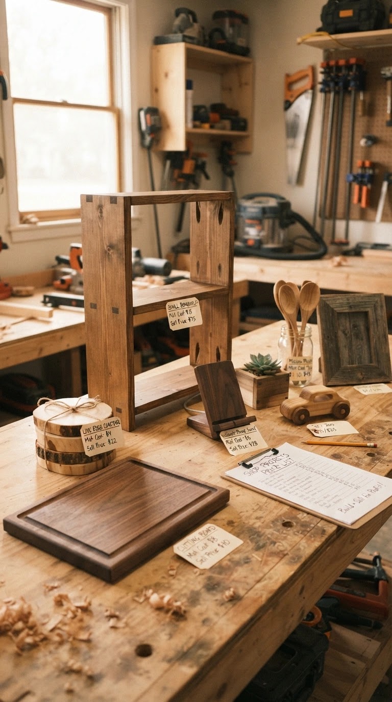 A beginner woodworker's workspace with a completed rustic cutting board, wooden coasters, and a small shelf, ready for sale