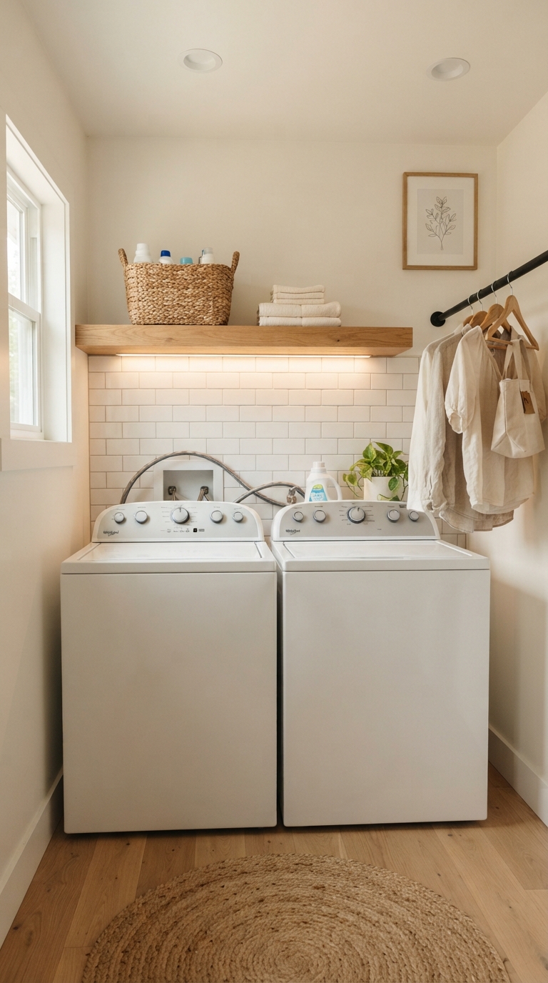 Small laundry room with a top-load washer and clever storage solutions
