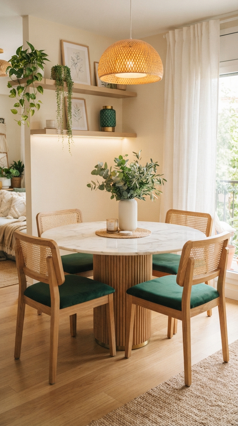 Mediterranean terracotta dining nook with rustic table, terracotta pots, and warm sunlight streaming in.